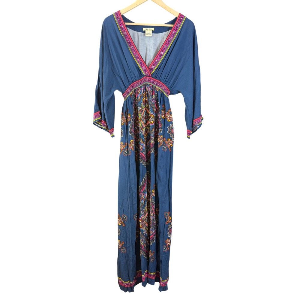 Flying Tomato Maxi Dress Women XS Blue Excellent Paisley Boho Kimono Sleeve